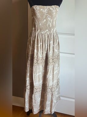 Strapless Khaki Maxi Dress with White Floral Embroidery